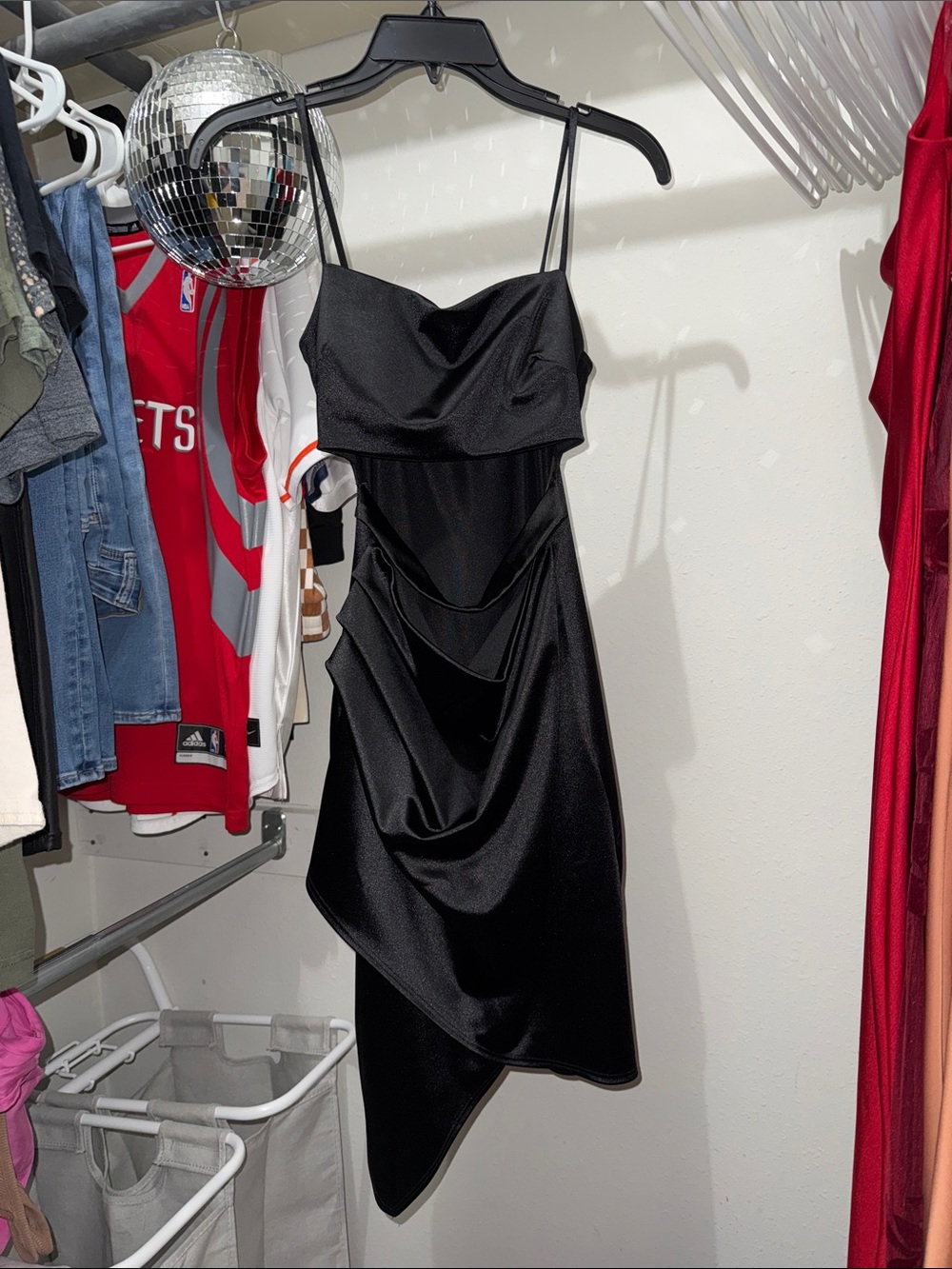 Windsor Black Satin Asymmetrical Spaghetti-Strap Dress